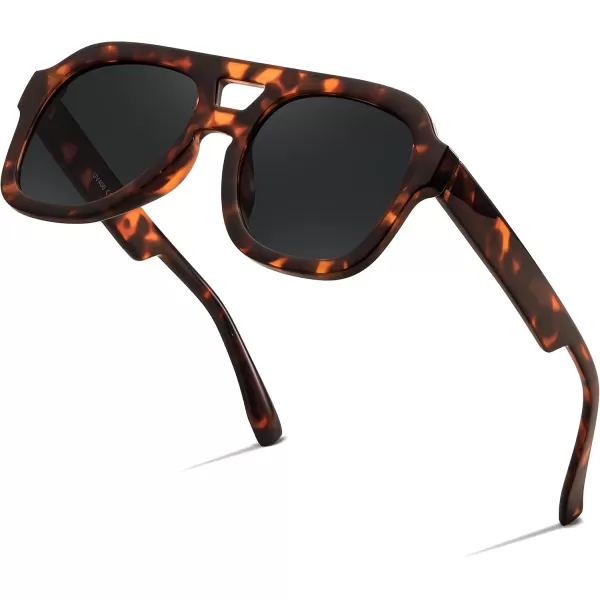 FEISEDY Vintage Aviator Sunglasses Double Bridge Women Men Large Square Thick Frame Trendy Eyewear UV400 B2846Brown Tortoise Frame  Grey Lens