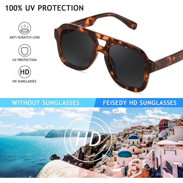 FEISEDY Vintage Aviator Sunglasses Double Bridge Women Men Large Square Thick Frame Trendy Eyewear UV400 B2846Brown Tortoise Frame  Grey Lens