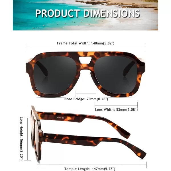 FEISEDY Vintage Aviator Sunglasses Double Bridge Women Men Large Square Thick Frame Trendy Eyewear UV400 B2846Brown Tortoise Frame  Grey Lens