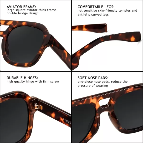 FEISEDY Vintage Aviator Sunglasses Double Bridge Women Men Large Square Thick Frame Trendy Eyewear UV400 B2846Brown Tortoise Frame  Grey Lens