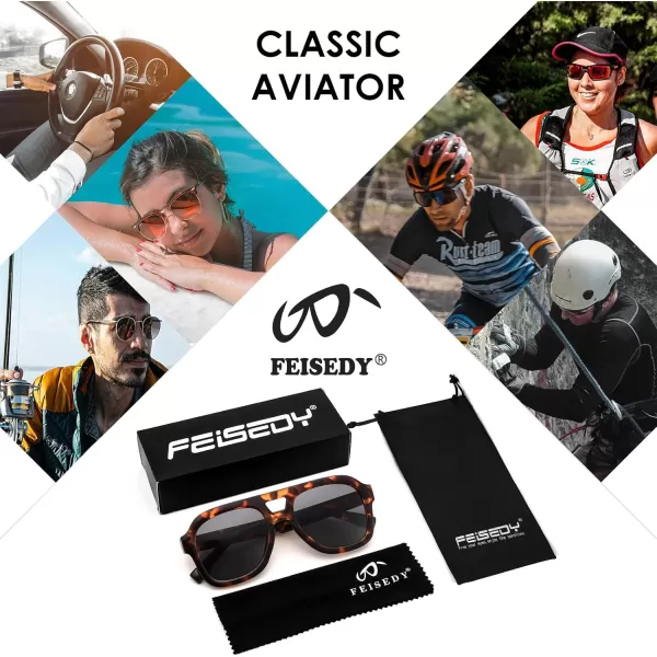 FEISEDY Vintage Aviator Sunglasses Double Bridge Women Men Large Square Thick Frame Trendy Eyewear UV400 B2846Brown Tortoise Frame  Grey Lens