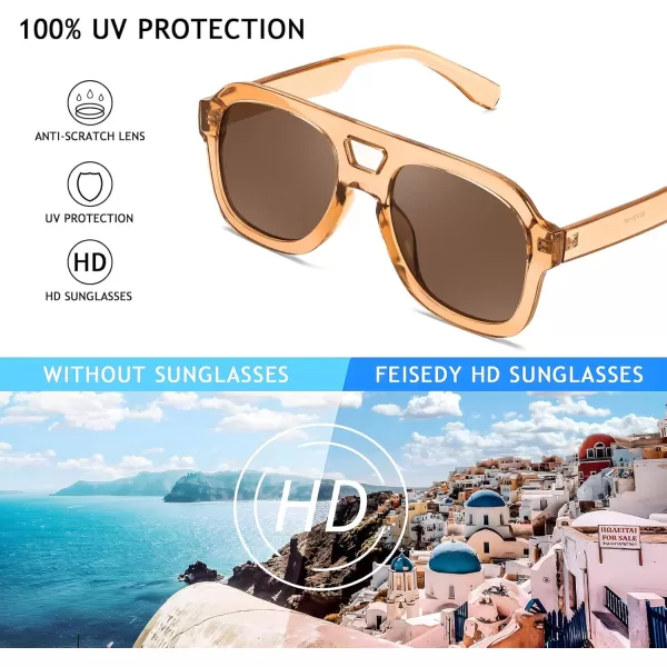 FEISEDY Vintage Aviator Sunglasses Double Bridge Women Men Large Square Thick Frame Trendy Eyewear UV400 B2846Brown Transparent FrameBrown Lens