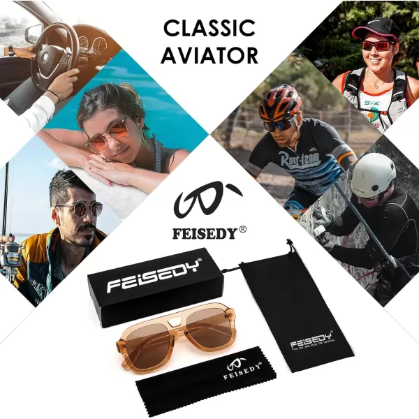 FEISEDY Vintage Aviator Sunglasses Double Bridge Women Men Large Square Thick Frame Trendy Eyewear UV400 B2846Brown Transparent FrameBrown Lens