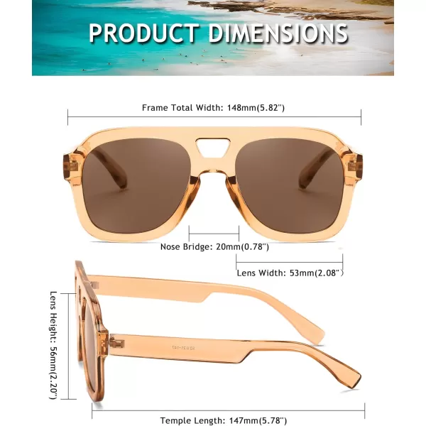 FEISEDY Vintage Aviator Sunglasses Double Bridge Women Men Large Square Thick Frame Trendy Eyewear UV400 B2846Brown Transparent FrameBrown Lens