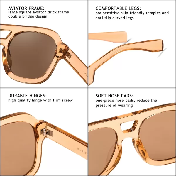 FEISEDY Vintage Aviator Sunglasses Double Bridge Women Men Large Square Thick Frame Trendy Eyewear UV400 B2846Brown Transparent FrameBrown Lens