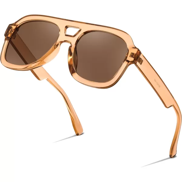 FEISEDY Vintage Aviator Sunglasses Double Bridge Women Men Large Square Thick Frame Trendy Eyewear UV400 B2846Brown Transparent FrameBrown Lens