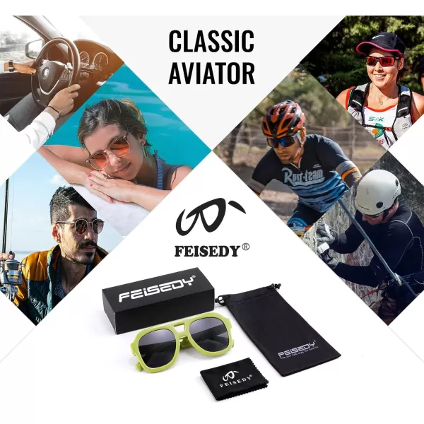 FEISEDY Vintage Aviator Sunglasses Double Bridge Women Men Large Square Thick Frame Trendy Eyewear UV400 B2846Green Frame  Gray Lens