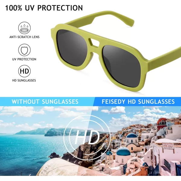 FEISEDY Vintage Aviator Sunglasses Double Bridge Women Men Large Square Thick Frame Trendy Eyewear UV400 B2846Green Frame  Gray Lens