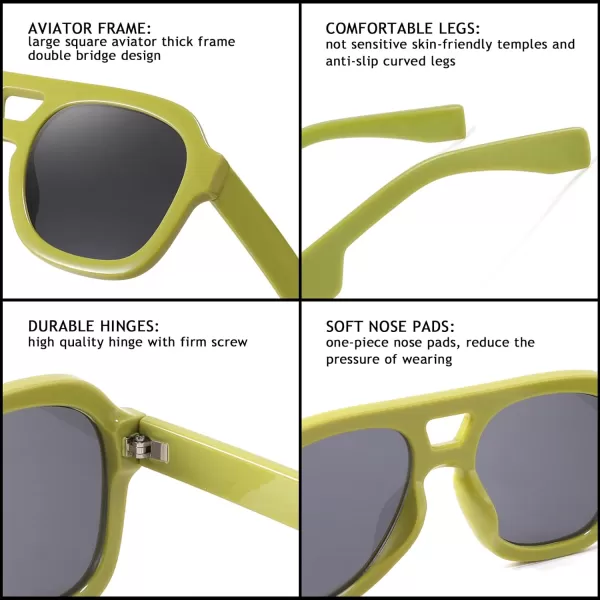 FEISEDY Vintage Aviator Sunglasses Double Bridge Women Men Large Square Thick Frame Trendy Eyewear UV400 B2846Green Frame  Gray Lens