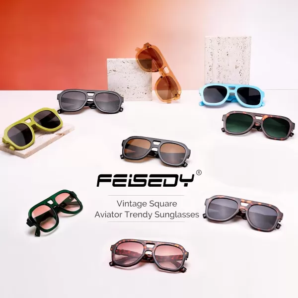 FEISEDY Vintage Aviator Sunglasses Double Bridge Women Men Large Square Thick Frame Trendy Eyewear UV400 B2846Leopard Frame  Tea Lens