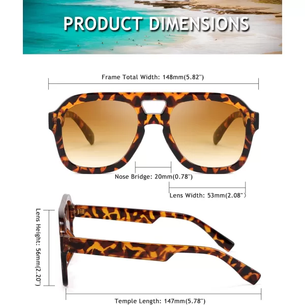 FEISEDY Vintage Aviator Sunglasses Double Bridge Women Men Large Square Thick Frame Trendy Eyewear UV400 B2846Leopard Frame  Tea Lens