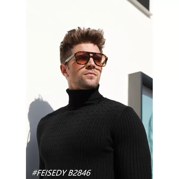 FEISEDY Vintage Aviator Sunglasses Double Bridge Women Men Large Square Thick Frame Trendy Eyewear UV400 B2846Leopard Frame  Tea Lens