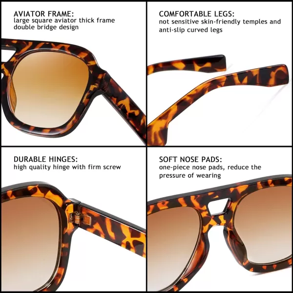 FEISEDY Vintage Aviator Sunglasses Double Bridge Women Men Large Square Thick Frame Trendy Eyewear UV400 B2846Leopard Frame  Tea Lens