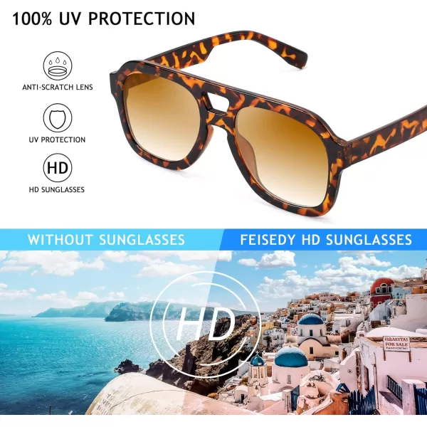 FEISEDY Vintage Aviator Sunglasses Double Bridge Women Men Large Square Thick Frame Trendy Eyewear UV400 B2846Leopard Frame  Tea Lens