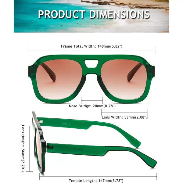 FEISEDY Vintage Aviator Sunglasses Double Bridge Women Men Large Square Thick Frame Trendy Eyewear UV400 B2846Transparent Green  Gradient Orange Lens