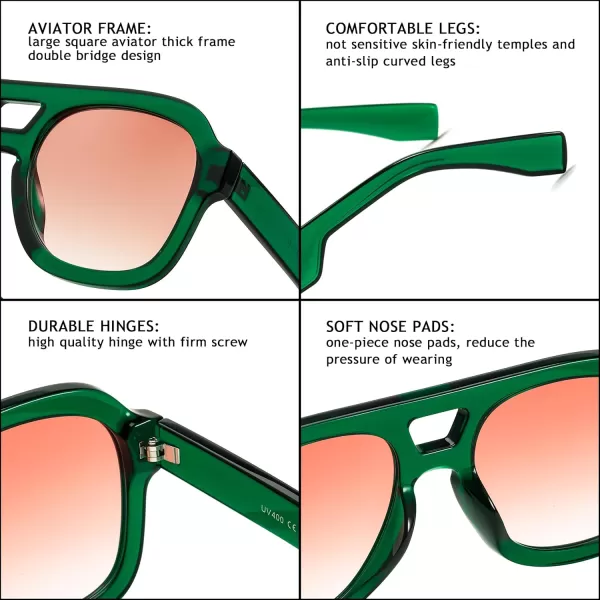 FEISEDY Vintage Aviator Sunglasses Double Bridge Women Men Large Square Thick Frame Trendy Eyewear UV400 B2846Transparent Green  Gradient Orange Lens