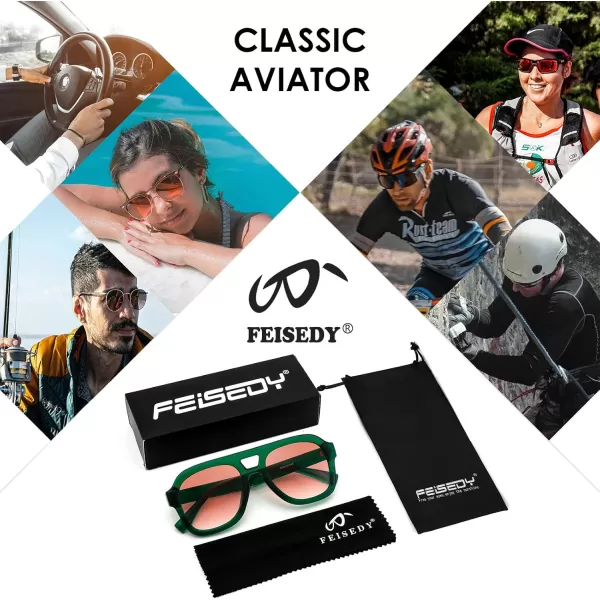 FEISEDY Vintage Aviator Sunglasses Double Bridge Women Men Large Square Thick Frame Trendy Eyewear UV400 B2846Transparent Green  Gradient Orange Lens