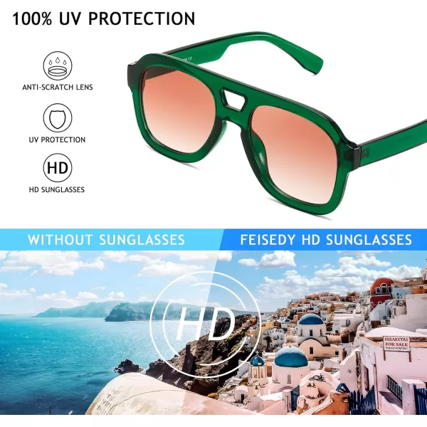 FEISEDY Vintage Aviator Sunglasses Double Bridge Women Men Large Square Thick Frame Trendy Eyewear UV400 B2846Transparent Green  Gradient Orange Lens