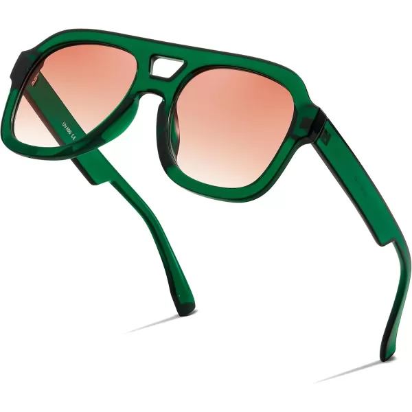 FEISEDY Vintage Aviator Sunglasses Double Bridge Women Men Large Square Thick Frame Trendy Eyewear UV400 B2846Transparent Green  Gradient Orange Lens