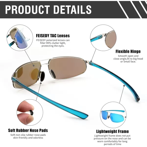 FEISEDY Vintage Sunglasses Men Polarized Aviator Metal Frame Lightweight Driving Fishing Running B0057Polarized Blue Mercury Film Silver Frame 03