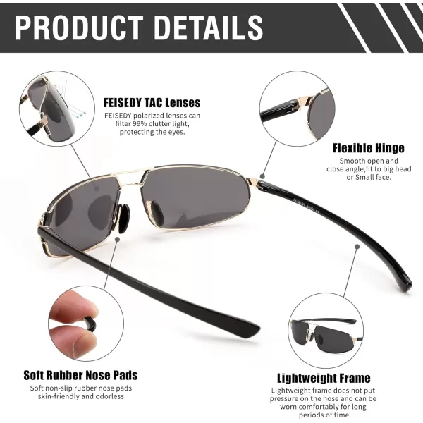 FEISEDY Vintage Sunglasses Men Polarized Aviator Metal Frame Lightweight Driving Fishing Running B0057Polarized Gray Lens Gold Frame 01