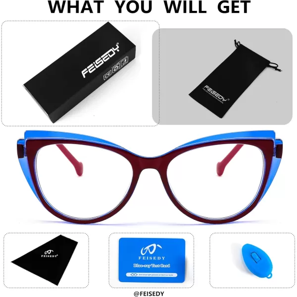FEISEDY Women Cateye Blue Light Blocking Glasses Fake Nerd Clear Computer Eyewear TR Fashion Frame B0040Bluered