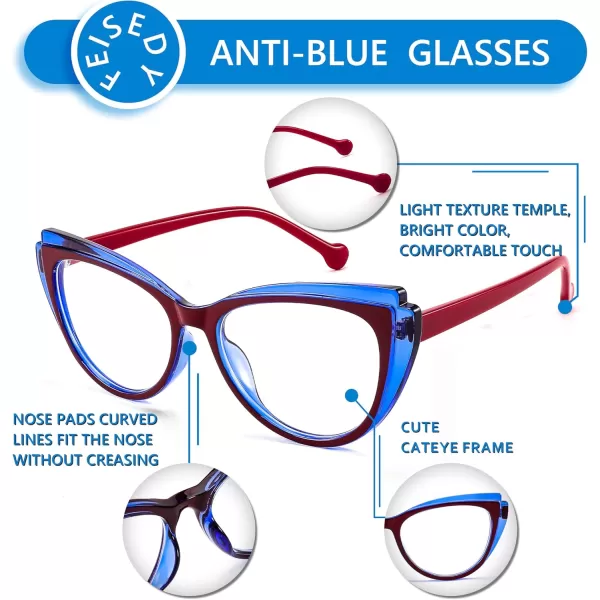 FEISEDY Women Cateye Blue Light Blocking Glasses Fake Nerd Clear Computer Eyewear TR Fashion Frame B0040Bluered