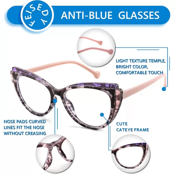 FEISEDY Women Cateye Blue Light Blocking Glasses Fake Nerd Clear Computer Eyewear TR Fashion Frame B0040Purplepink Leopard
