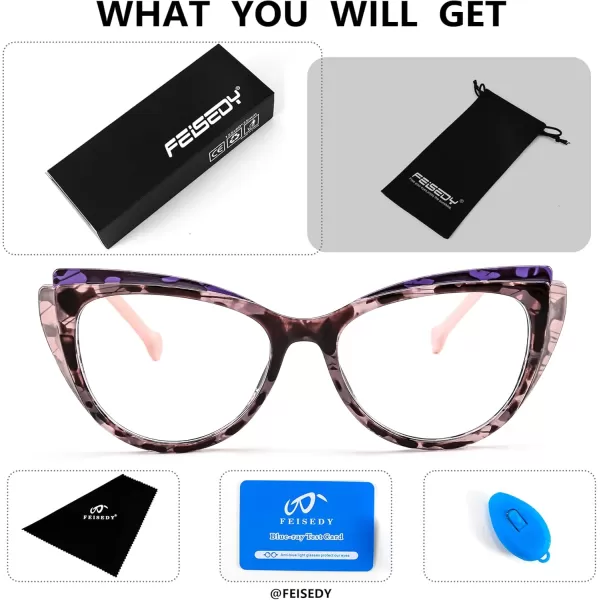 FEISEDY Women Cateye Blue Light Blocking Glasses Fake Nerd Clear Computer Eyewear TR Fashion Frame B0040Purplepink Leopard