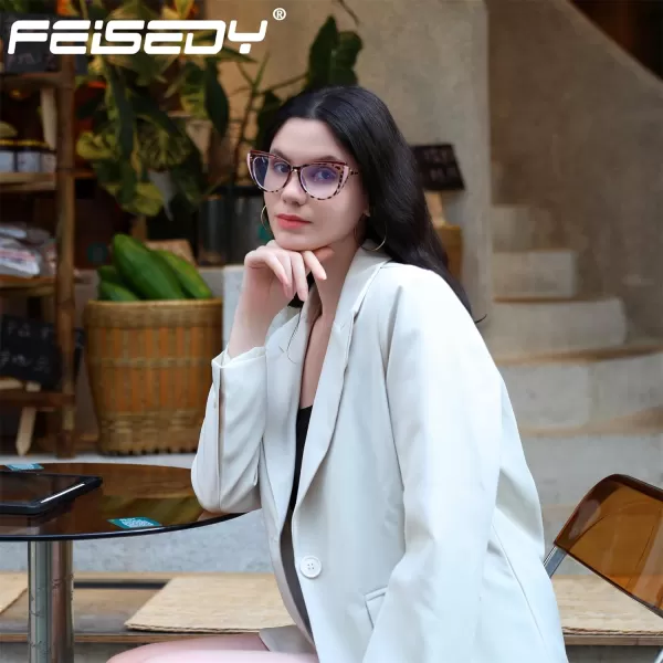 FEISEDY Women Cateye Blue Light Blocking Glasses Fake Nerd Clear Computer Eyewear TR Fashion Frame B0040Redpink Leopard