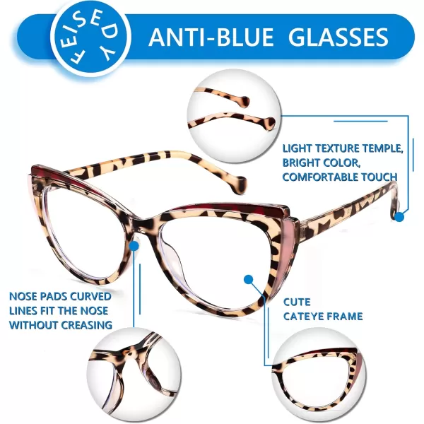 FEISEDY Women Cateye Blue Light Blocking Glasses Fake Nerd Clear Computer Eyewear TR Fashion Frame B0040Redpink Leopard