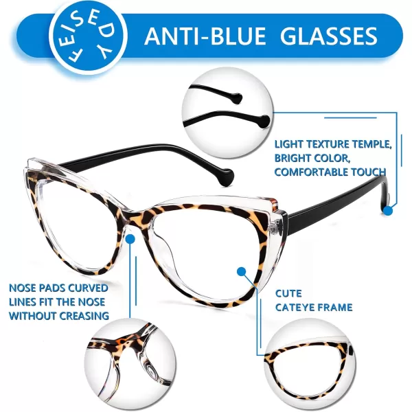 FEISEDY Women Cateye Blue Light Blocking Glasses Fake Nerd Clear Computer Eyewear TR Fashion Frame B0040Transparentleopard