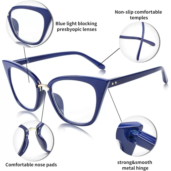 FEISEDY Women Oversized Cat Eye Reading Glasses Fashion Frame Readers B4072Blue
