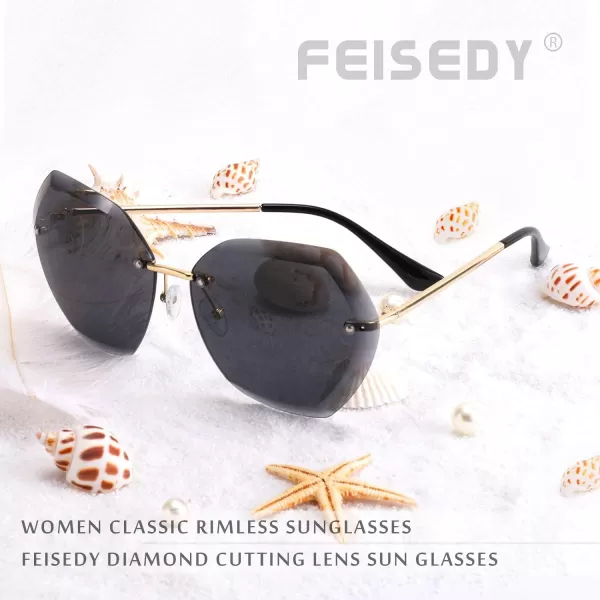 FEISEDY Women Oversized Rimless Sunglasses Diamond Cutting Lens Sun Glasses B2569Black