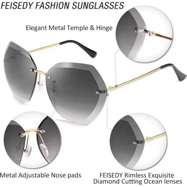 FEISEDY Women Oversized Rimless Sunglasses Diamond Cutting Lens Sun Glasses B2569Black
