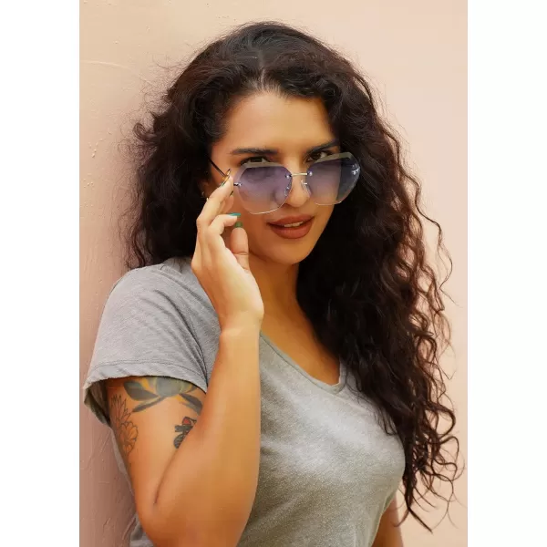 FEISEDY Women Oversized Rimless Sunglasses Diamond Cutting Lens Sun Glasses B2569Blue
