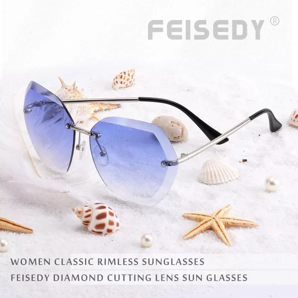 FEISEDY Women Oversized Rimless Sunglasses Diamond Cutting Lens Sun Glasses B2569Blue