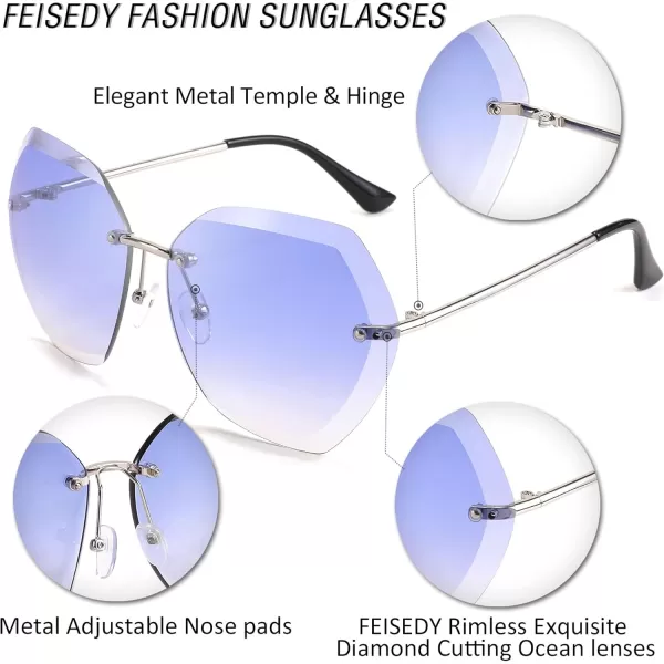 FEISEDY Women Oversized Rimless Sunglasses Diamond Cutting Lens Sun Glasses B2569Blue