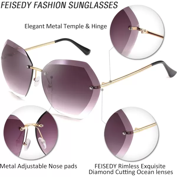 FEISEDY Women Oversized Rimless Sunglasses Diamond Cutting Lens Sun Glasses B2569Coffee