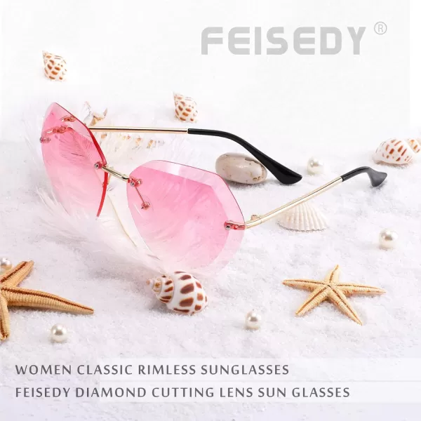 FEISEDY Women Oversized Rimless Sunglasses Diamond Cutting Lens Sun Glasses B2569Pink