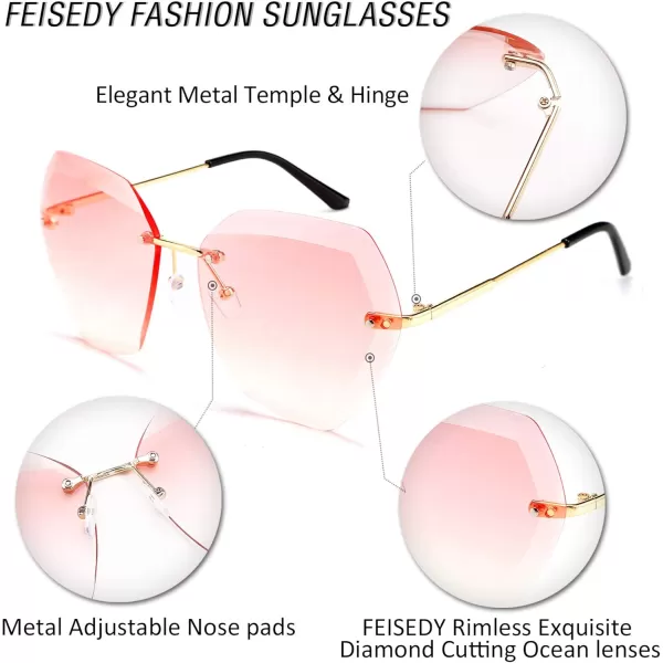 FEISEDY Women Oversized Rimless Sunglasses Diamond Cutting Lens Sun Glasses B2569Pink