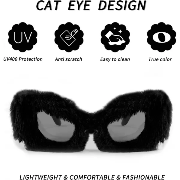 FEISEDY Women Plush Fuzzy Cat Eye Sunglasses Punk Soft Velvet Shades Ladies Handmade Party Masquerade Eyewear B2877Black