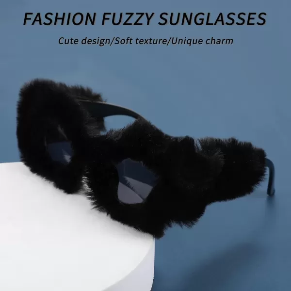 FEISEDY Women Plush Fuzzy Cat Eye Sunglasses Punk Soft Velvet Shades Ladies Handmade Party Masquerade Eyewear B2877Black