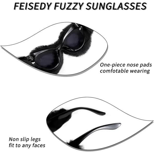 FEISEDY Women Plush Fuzzy Cat Eye Sunglasses Punk Soft Velvet Shades Ladies Handmade Party Masquerade Eyewear B2877Black