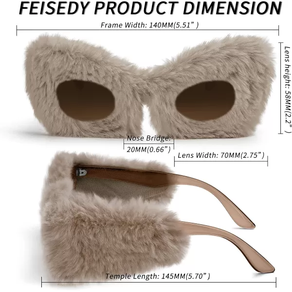 FEISEDY Women Plush Fuzzy Cat Eye Sunglasses Punk Soft Velvet Shades Ladies Handmade Party Masquerade Eyewear B2877Champagne