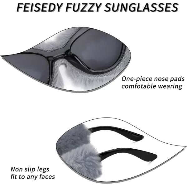 FEISEDY Women Plush Fuzzy Cat Eye Sunglasses Punk Soft Velvet Shades Ladies Handmade Party Masquerade Eyewear B2877Grey