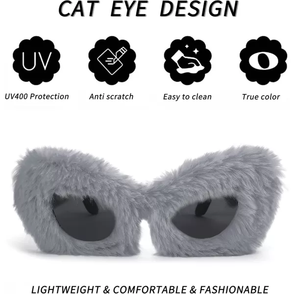 FEISEDY Women Plush Fuzzy Cat Eye Sunglasses Punk Soft Velvet Shades Ladies Handmade Party Masquerade Eyewear B2877Grey