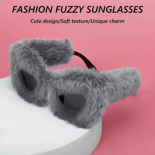 FEISEDY Women Plush Fuzzy Cat Eye Sunglasses Punk Soft Velvet Shades Ladies Handmade Party Masquerade Eyewear B2877Grey