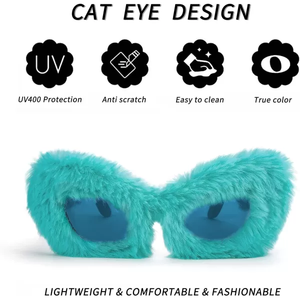 FEISEDY Women Plush Fuzzy Cat Eye Sunglasses Punk Soft Velvet Shades Ladies Handmade Party Masquerade Eyewear B2877Lake Blue