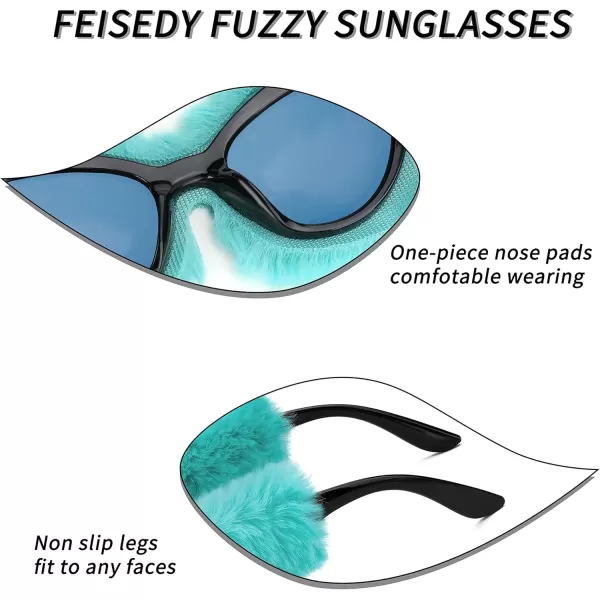 FEISEDY Women Plush Fuzzy Cat Eye Sunglasses Punk Soft Velvet Shades Ladies Handmade Party Masquerade Eyewear B2877Lake Blue